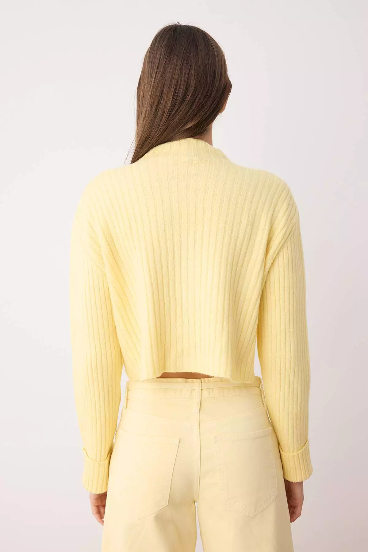 Yellow Crop Soft Textured Stand Collar Knitwear Cardigan
