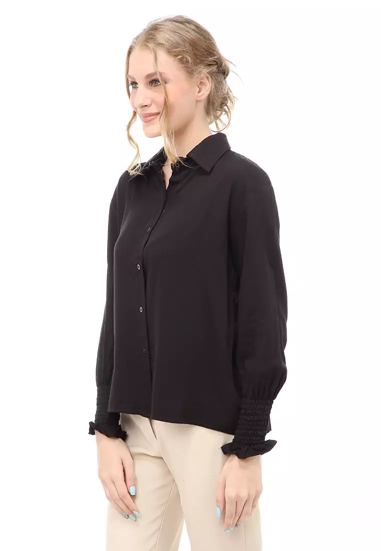 Holly Kemeja Atasan Kasual Wanita Model Lengan Karet Material Twill rayon ORIGINAL - Black