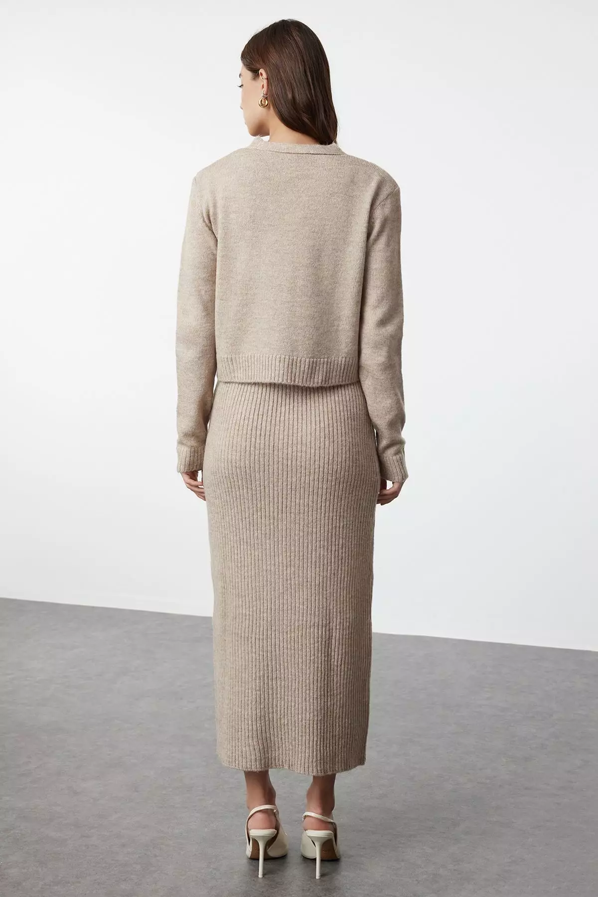 Light Brown Corded Soft Textured Knitwear Dress Cardigan Suit TCTAW25US00049