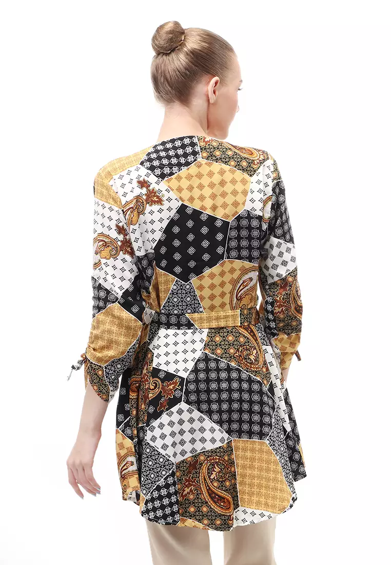 Tunik Lengan Serut Motif Batik Atasan Wanita Self Tie Belt Design Casual - Hitam