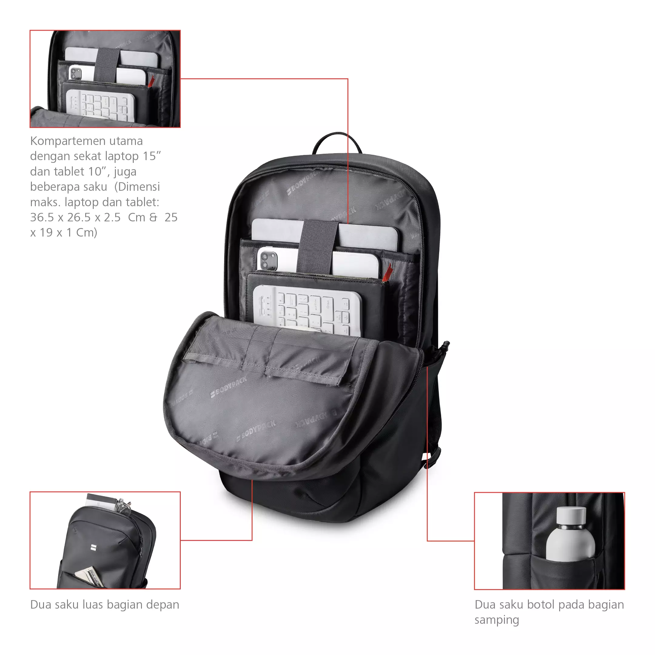 Winston Laptop Backpack 15 Inch Tas Ransel Kerja Kuliah Sekolah Durable Tahan Lama 7 L - Hitam