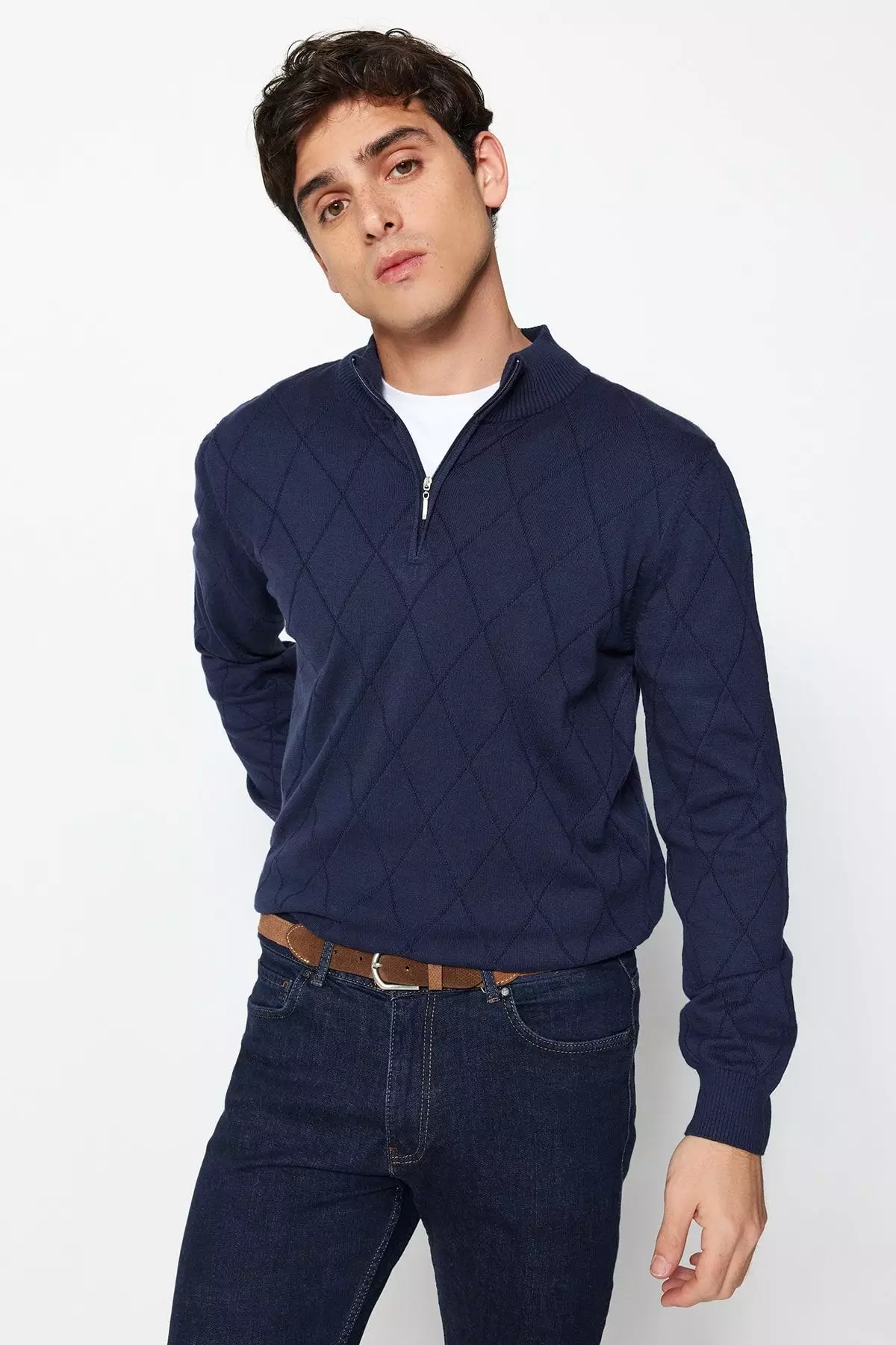 Navy Blue Regular Fit Cotton Half Turtleneck Zippered Collar Smart Knitwear Sweater TMNAW23KZ00215