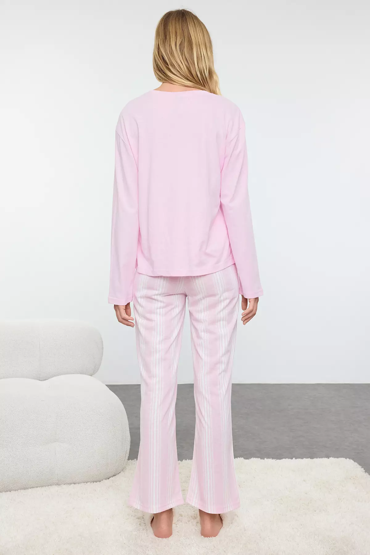 Pink 100% Cotton Striped Knitted Pajama Set Thmaw25Pt00188