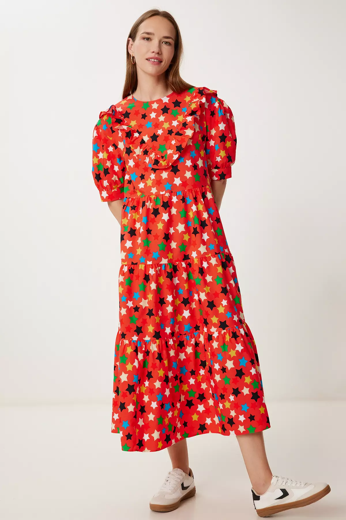 Women's Pomegranate Flower Patterned Summer Midi Poplin Dress Fk00032