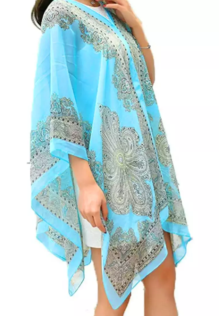 Aksesoris Wanita Victorian Print Multipurpose Scarf & Outer Poncho Style Syal Outer Wanita Blue