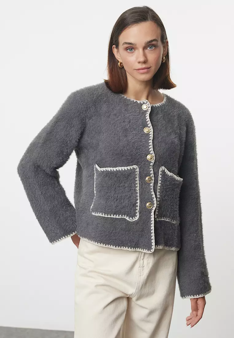 Anthracite Fluffy Soft Texture Jacket-Look Knitted Cardigan TWOAW25HI00009
