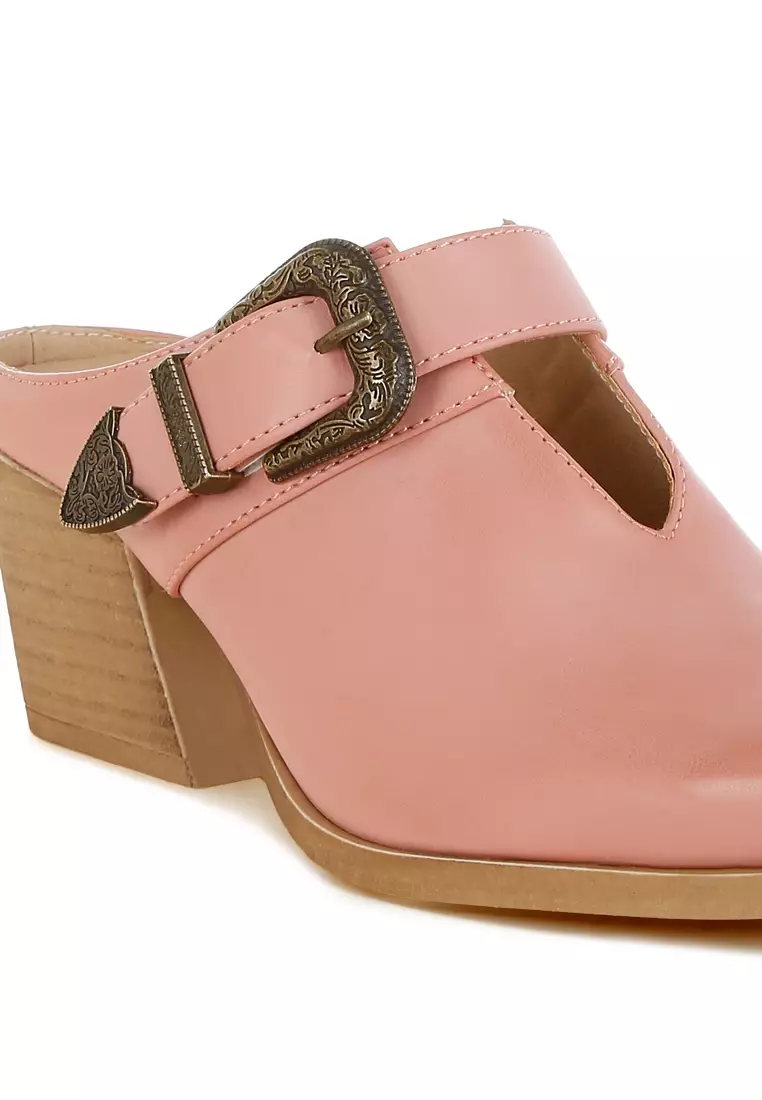 Carved Buckle Statement Mules in Pink