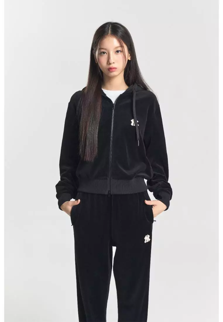 WOMEN'S BASIC VELVET CROP HOOD ZIP UP NEW YORK YANKEES