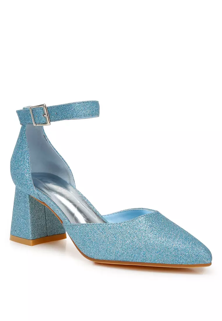 Sandal Tumit Blok Berkilau Warna Biru