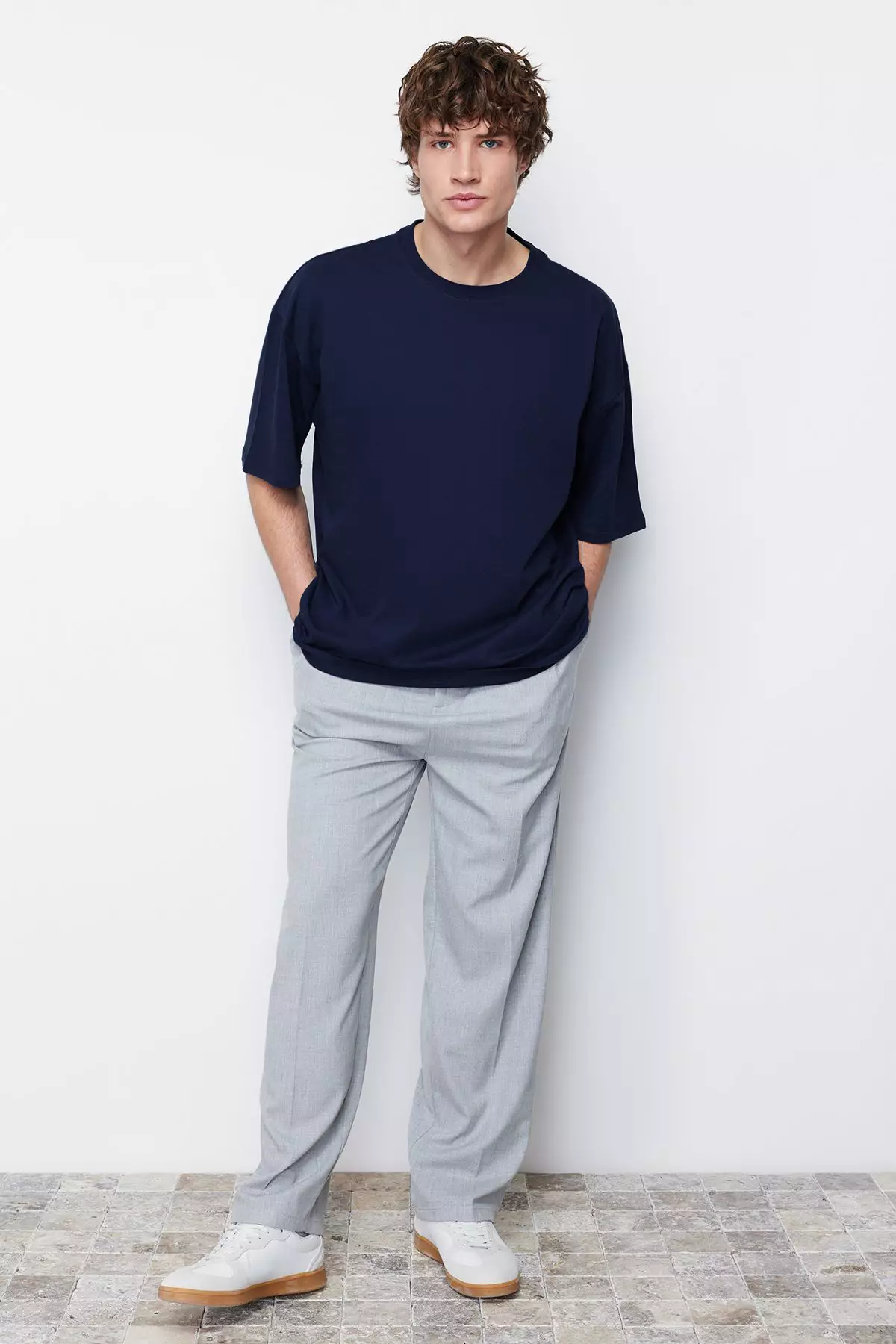 Navy Blue Oversize Crew Neck 100% Cotton T-Shirt - Tmnss22Ts0318