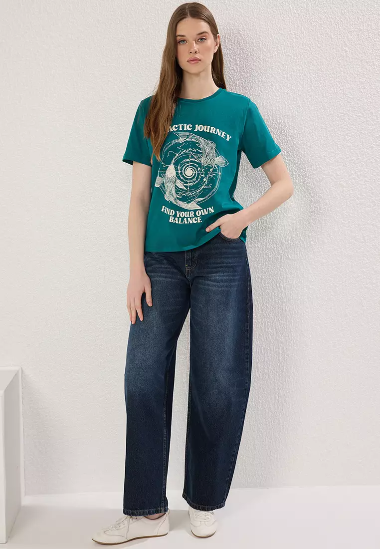 Emerald Green Regular/Normal Pattern Printed Knitted T-Shirt