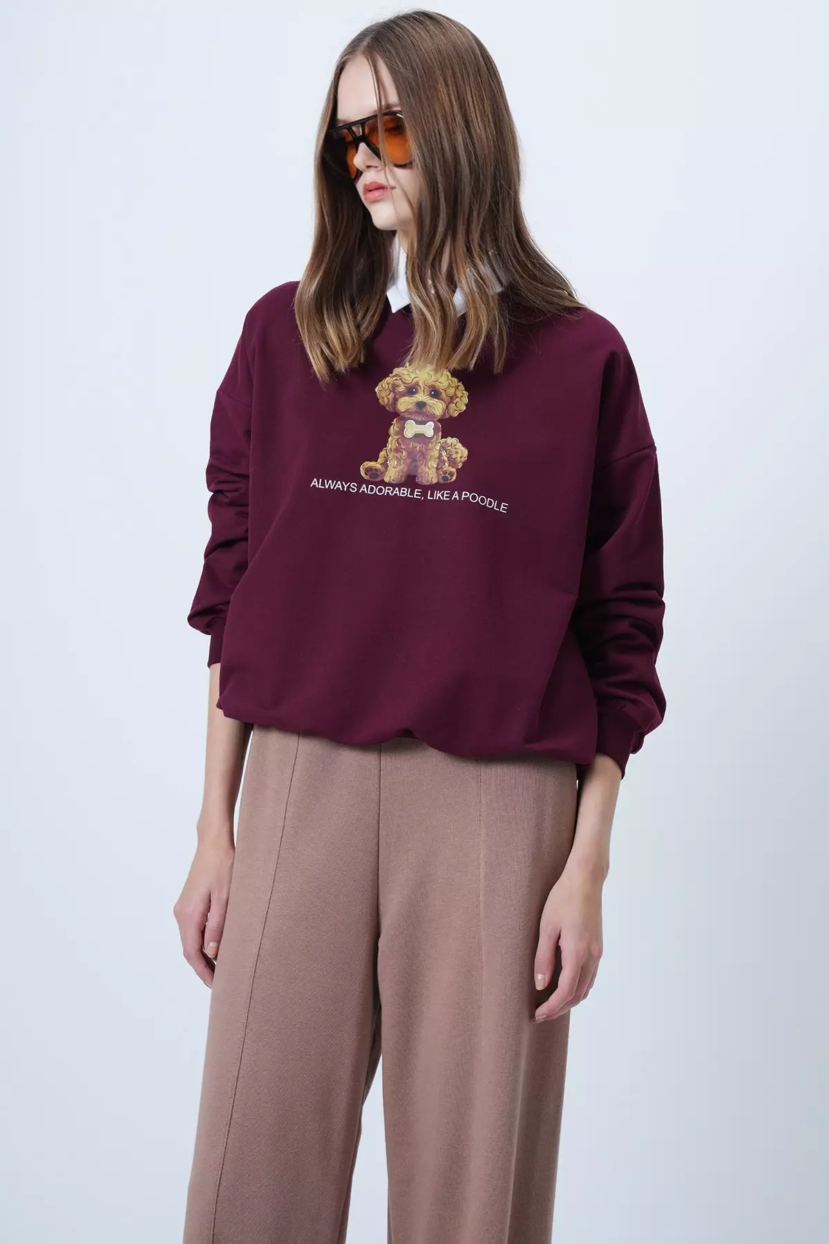 Women'S Burgundy Front Printed Oversize Cotton Sweatshirt Alc-X14651