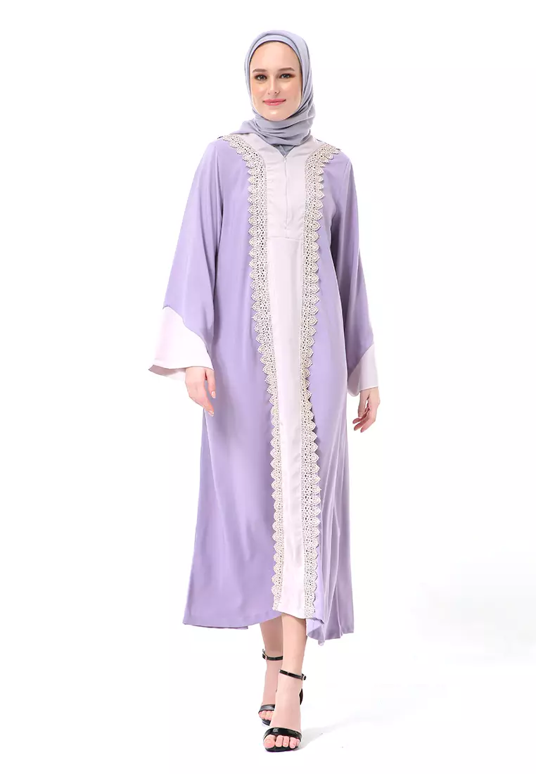 Catlana Long Hidden Pocket Abaya Turkey Variasi Renda Premium High Quality - Lavender