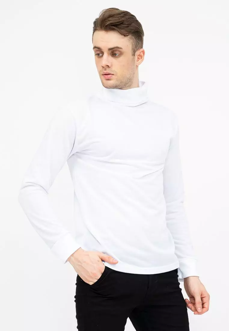 Turtle Neck pria lengan panjang putih kaos kerah tinggi slim fit houseofcuff