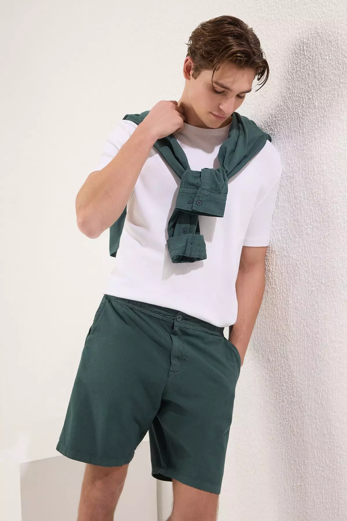 Dark Green Loose Fit Cotton Lace-Up Shorts TMNSS23SR00056