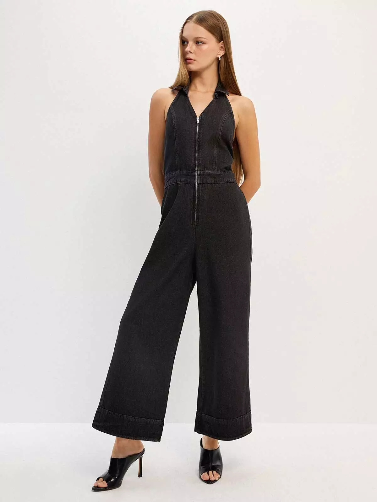 Denim Front Zipper Jumpsuit - Black