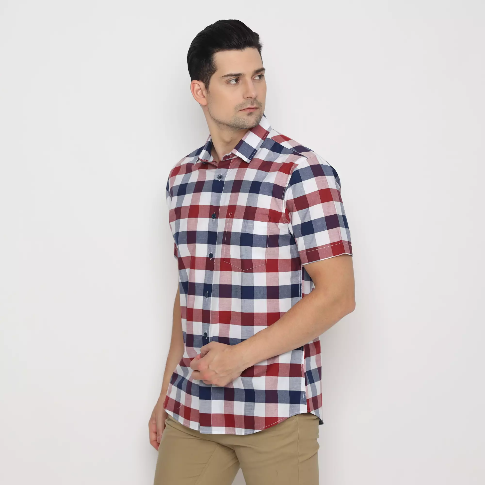 Platini Kemeja Motif Kotak Pria Lengan Pendek Katun Navy 73445