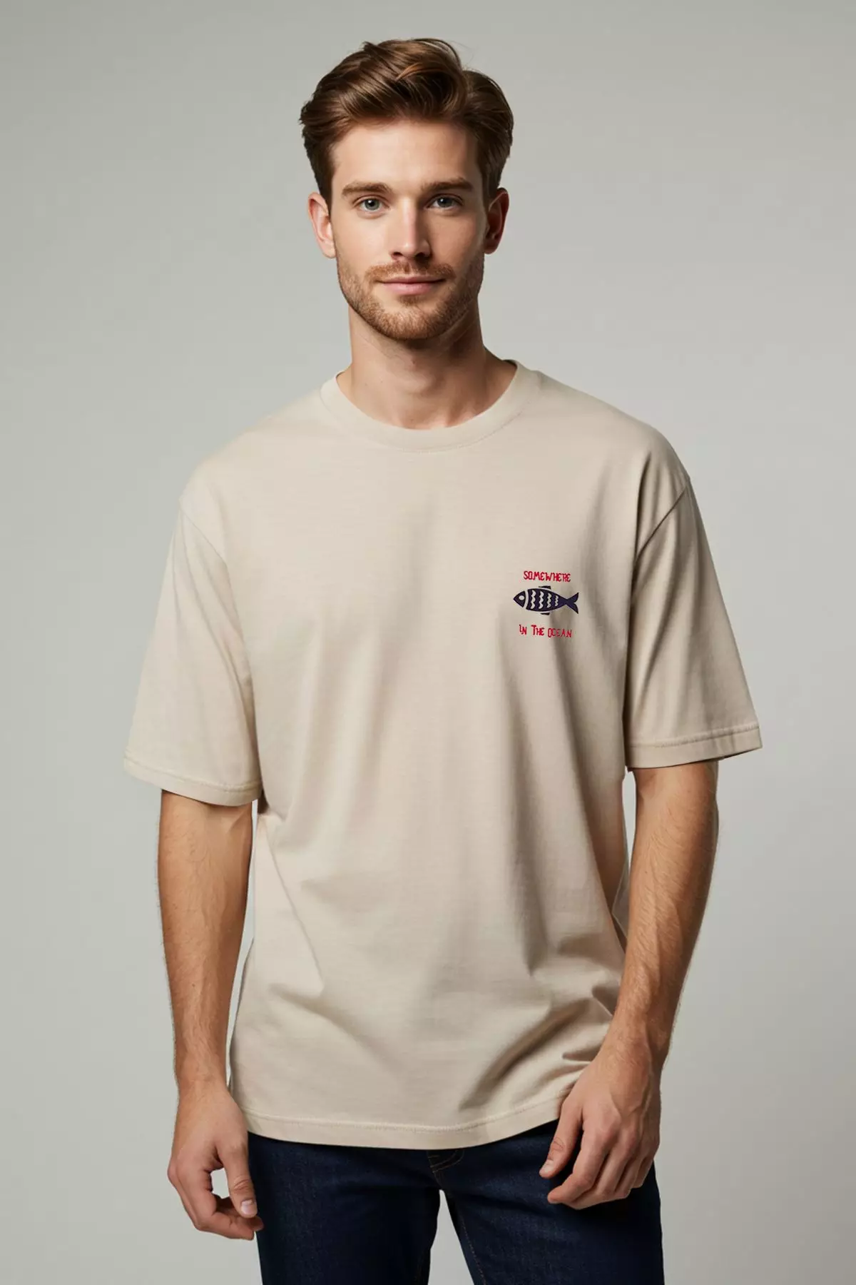 stone Oversize/Wide Cut 100% Cotton Velvet Texture Printed T-Shirt TMNSS22TS0318