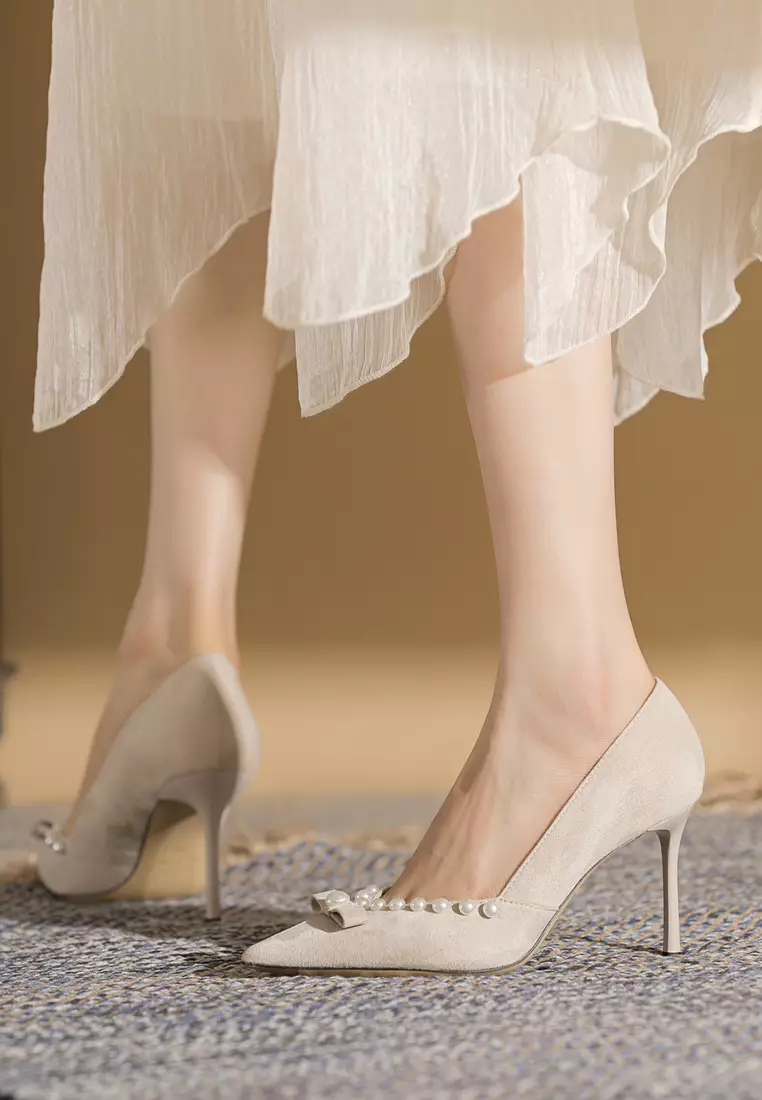 8.5CM Pearl Bow Pointy Suede Pumps TE7198-9