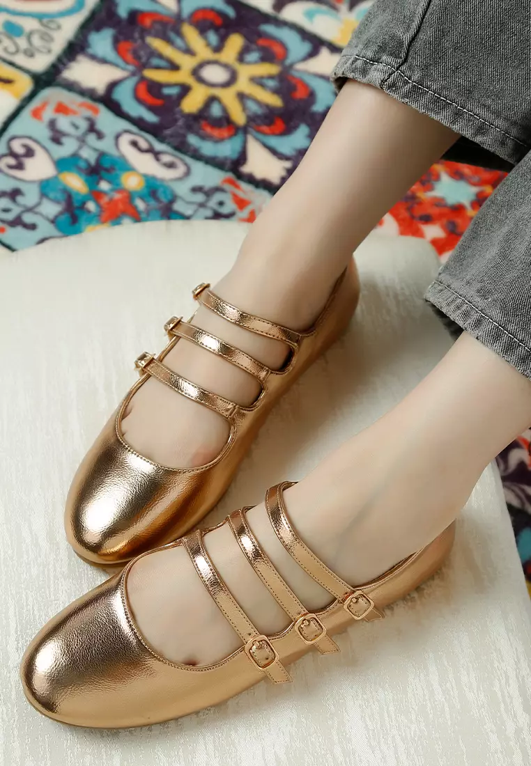 Triple Strap Mary Jane Sandals in Rose Gold