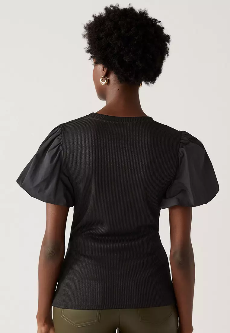 Jersey Round Neck Puff Sleeve Top