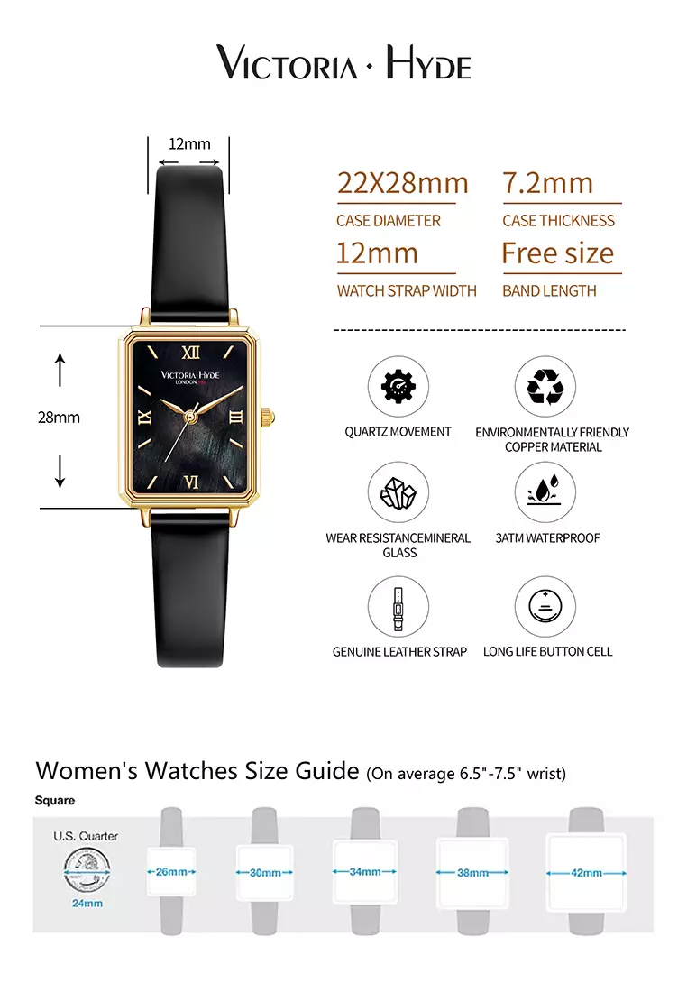 Hampton 22×28 mm女士手錶 黑色珍珠母貝錶盤 優雅方形手錶 配黑色真皮錶帶-黑色