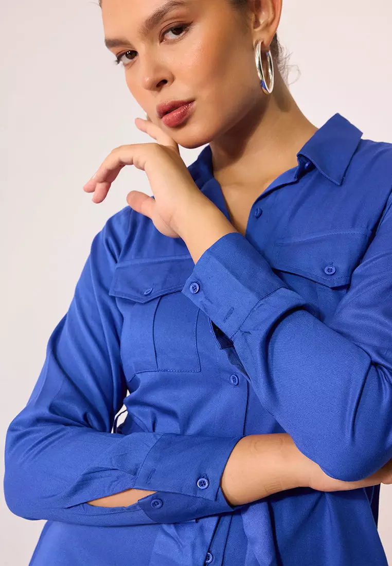 VIRGIO 100% Viscose Blue Midi Shirt Dress With Belt