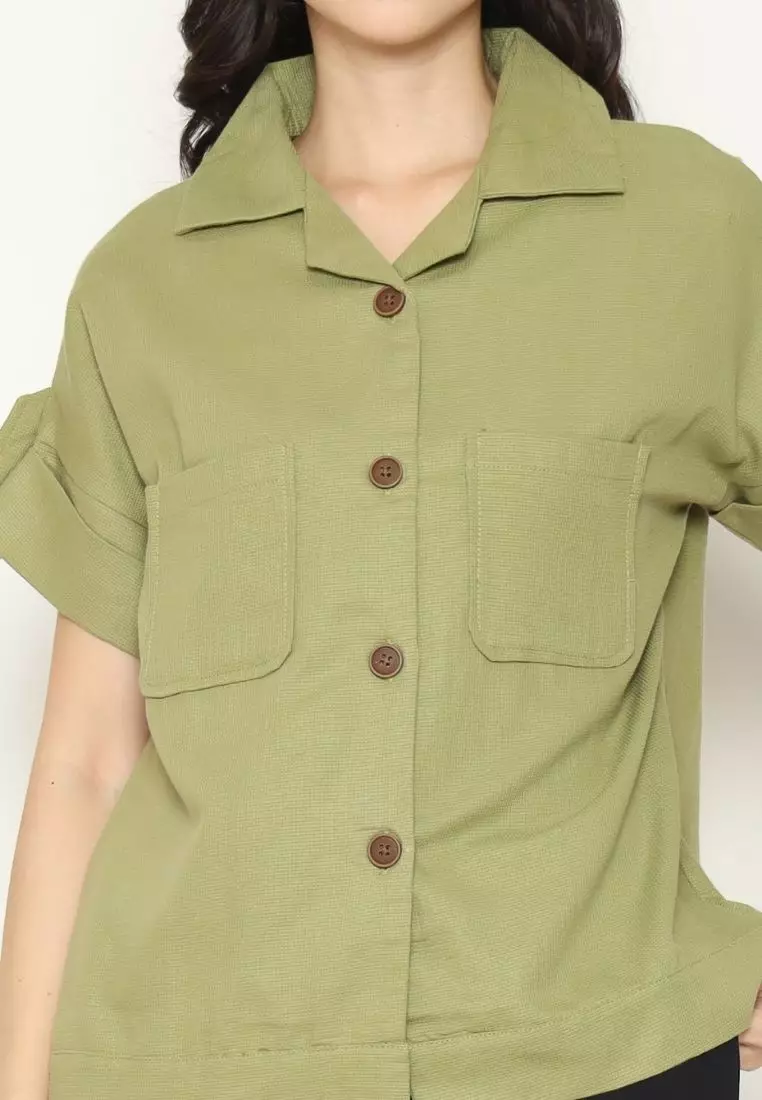 Urban Exchange Namina Green Waffle Shirt - Atasan Kemeja Wanita Lengan Pendek