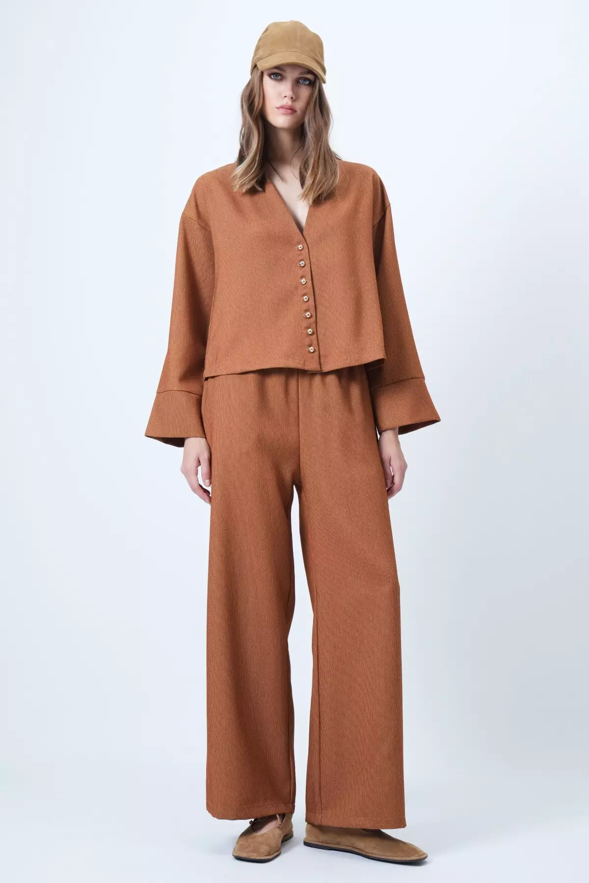 Cinnamon Brown Hakim Collar Gold Button Detailed Velvet Jacket And Palazzo Trousers Set Alc-X14633