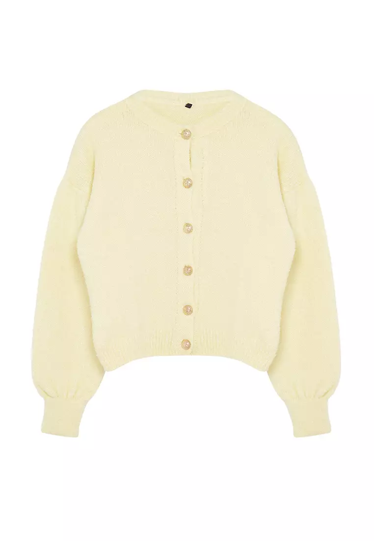 Yellow Boucle Jacket-Looking Knitwear Cardigan TWOAW25HI00147