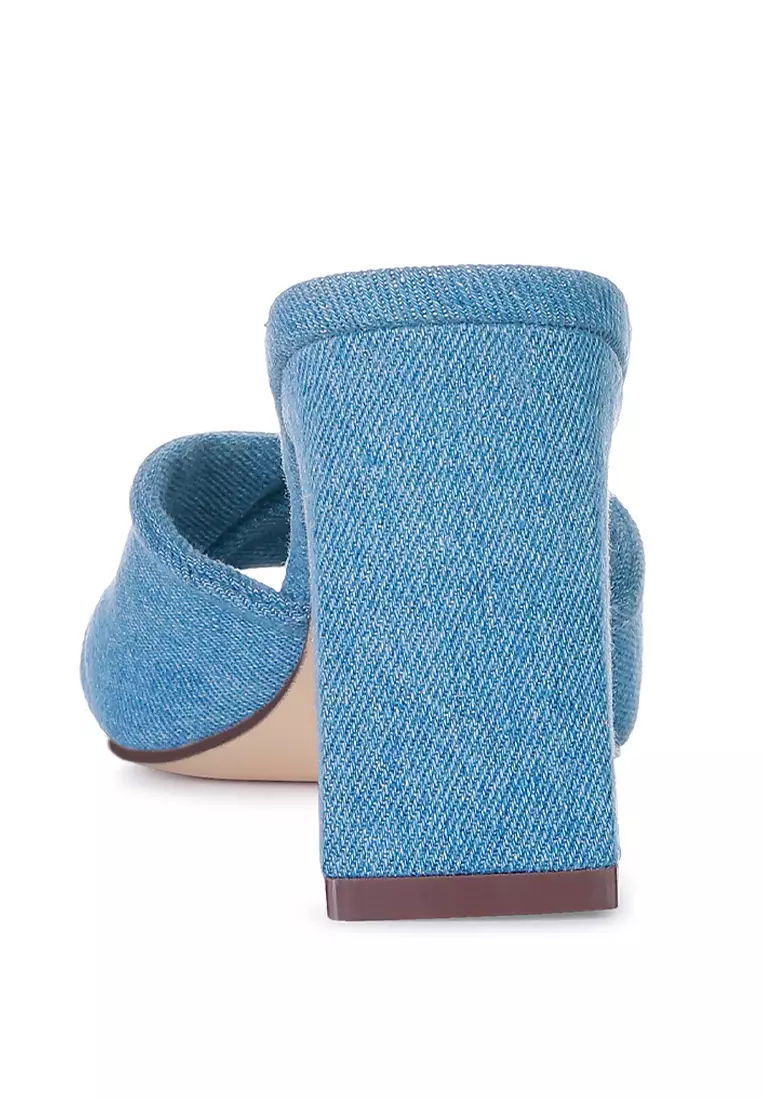 Blue Denim Twisted Strap Mid Heel Sandals