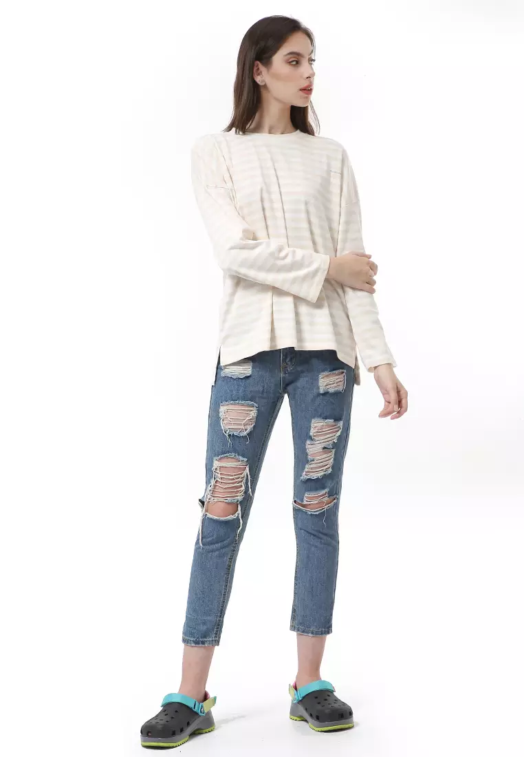 Albertine Blouse Atasan Wanita Lengan Panjang Stripes Motive Material Cotton ORIGINAL - Pink