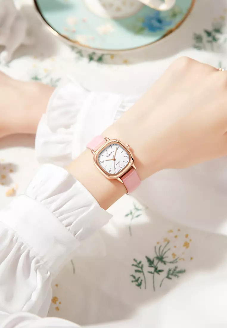 Jam Tangan Wanita Gaya Retro Korea untuk Bisnis Anti Air Jam Tangan Cewek Merah Jambu