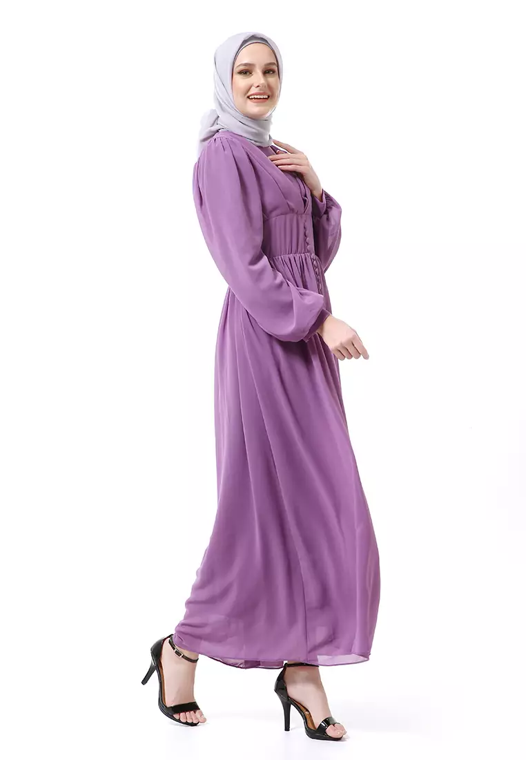 Khansa Long Dress Muslimah Atasan Wanita Long Sleeve Motif Polos High Quality - Ungu Sedang