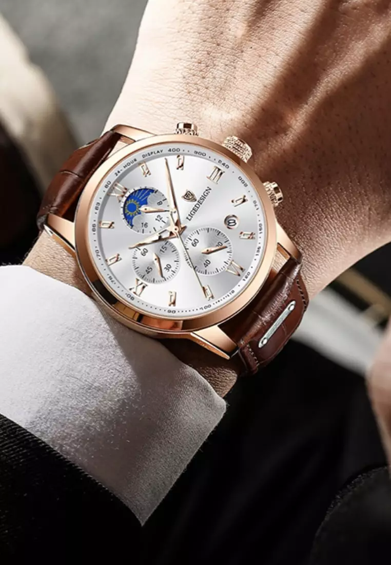 Chronograph, Unisex, IP Rose Gold Stainless Steel Quartz Watch 43mm, white dial, on Brown Leather Strap
