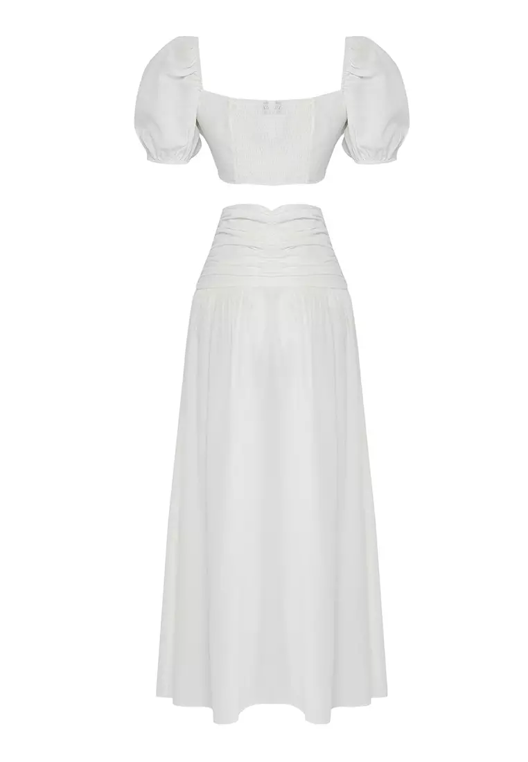 Ecru Woven Accessory Slit Blouse Skirt Beach Suit Tbess24Au00036