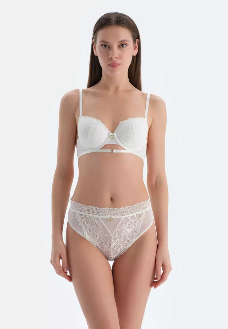 White Padded Bra, Floral, Regular, Half-padded, Underwire, Underwear for Women