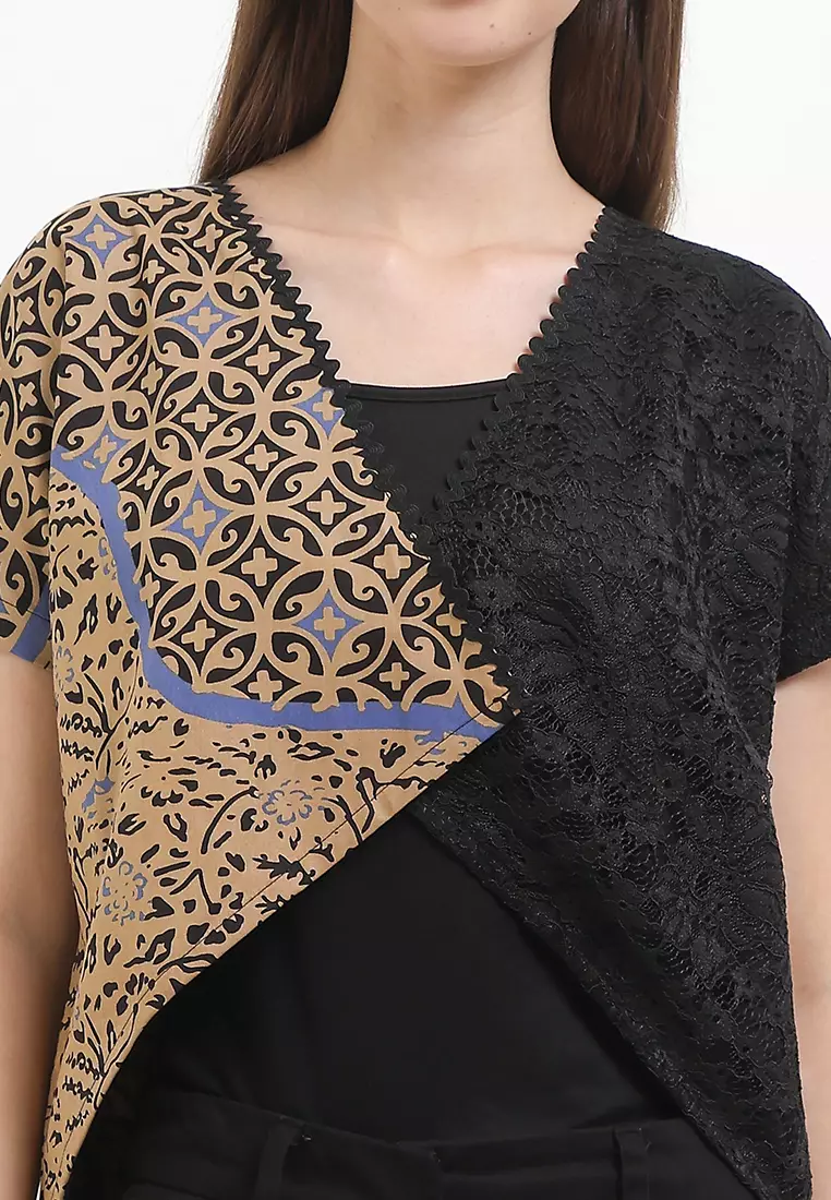 Outer Atasan Crop Top Wanita Batik Casual Formal Lining Furing Delila Brown Black