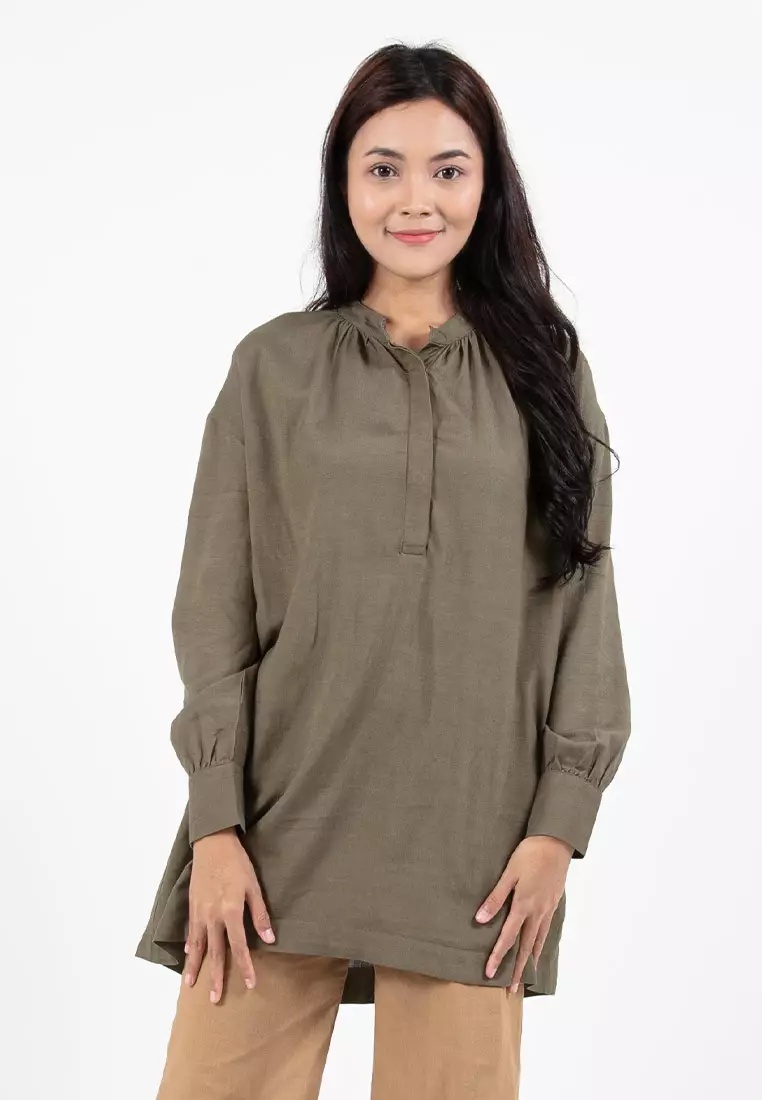 Forest Ladies Linen Oversized Band Collar Plain Blouse Women Long Sleeve Tunic | Baju Perempuan - 822391-48Olive