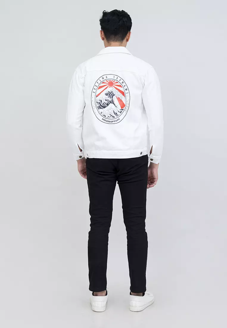 houseofcuff jaket jeans denim putih tebal pria unisex surving tsunami