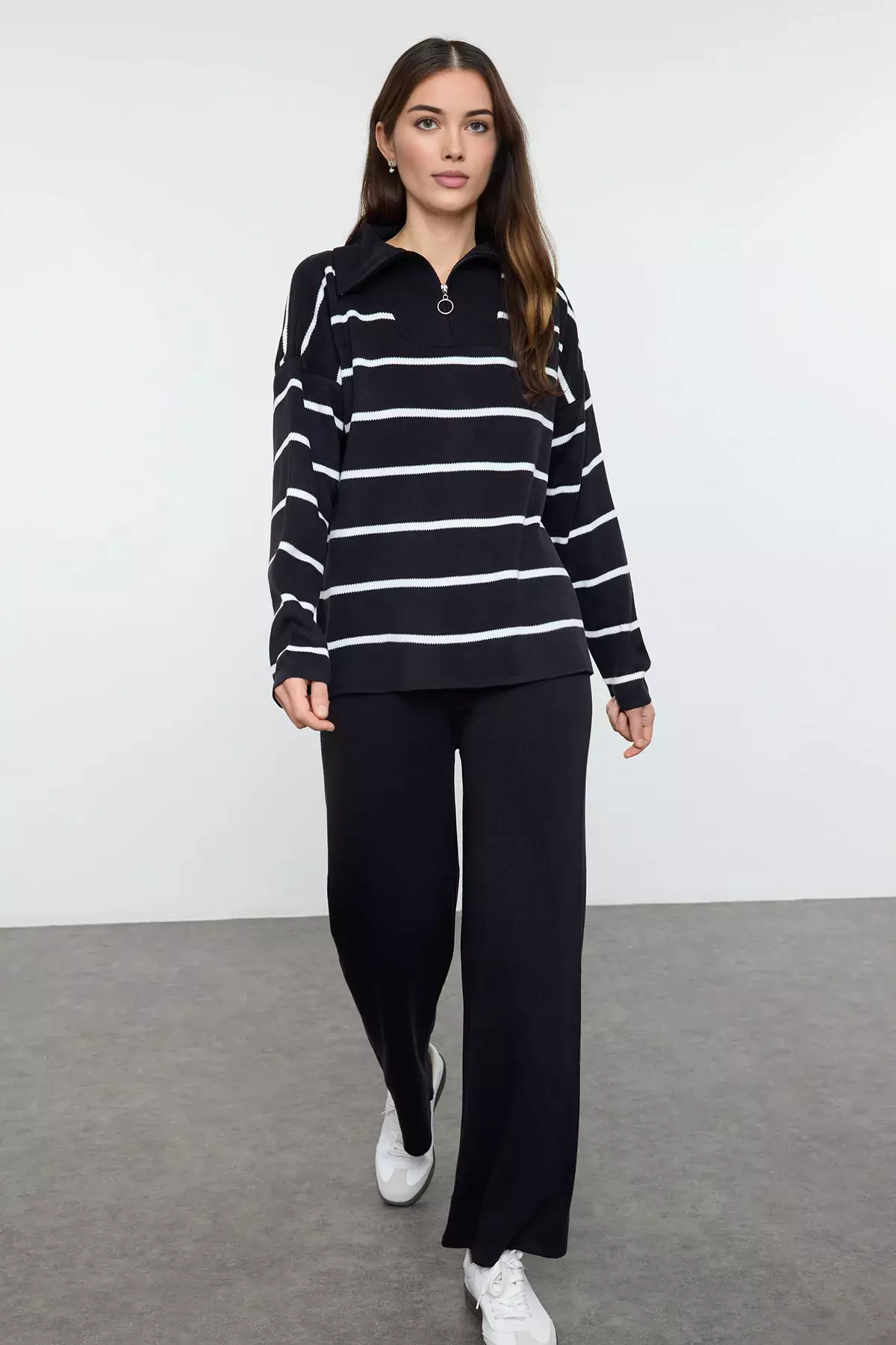 Navy Blue Wide Cut Zippered Knitwear Top-Bottom Set TWOAW24AU00025