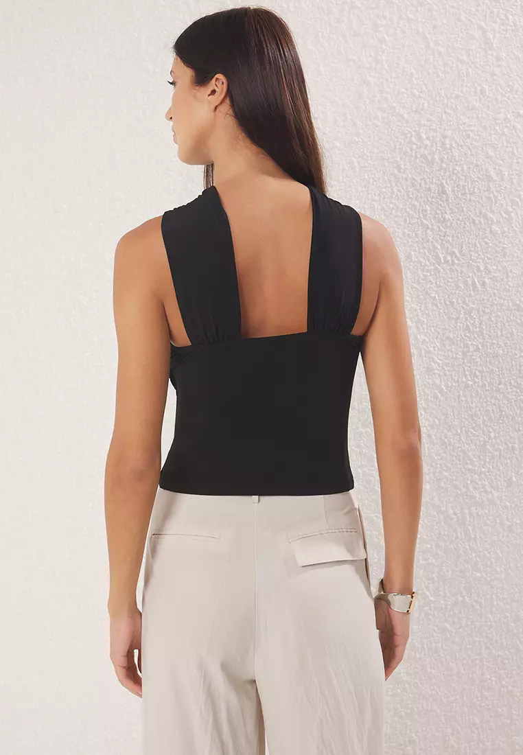 Black Accessory Detailed Gathered Stretchy Knitted Blouse Twoss25Bz00529