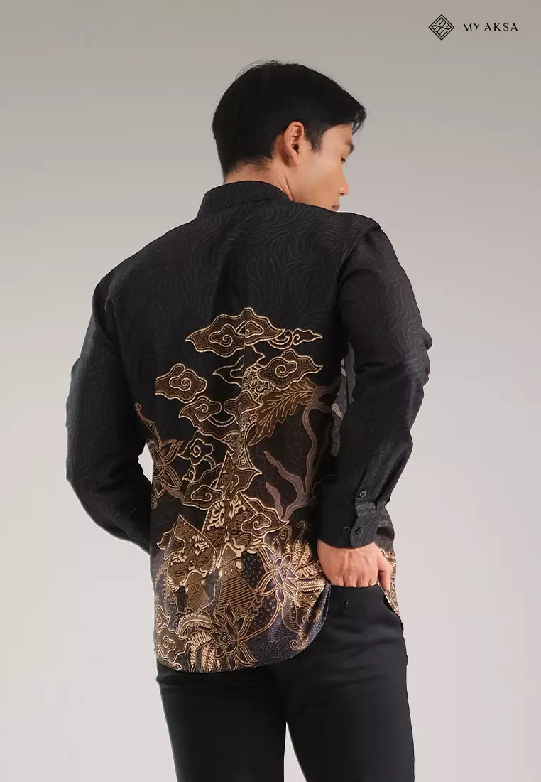 My Aksa Kemeja Batik Pria Lengan Panjang Trikot Mahaveer Black