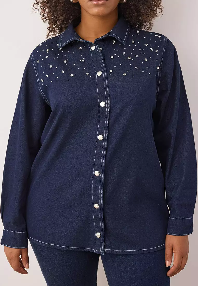 Dark Blue Stoned Plus Size Denim Shirt Tbbaw25Ax00002