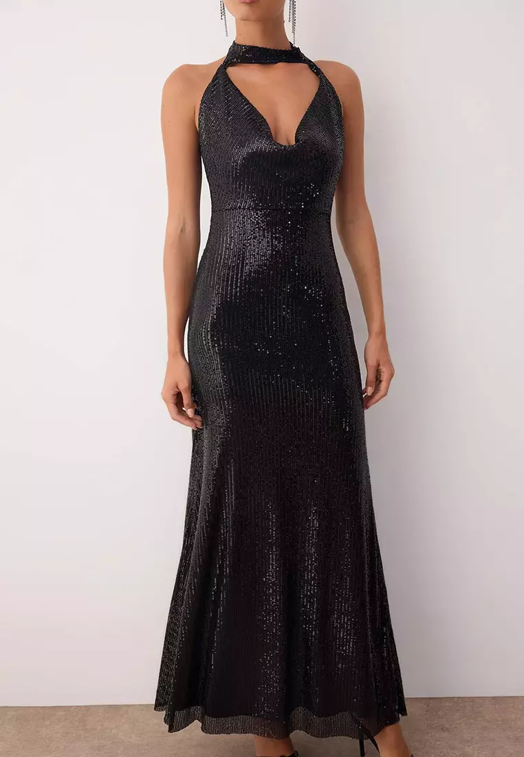 Sequin Cowl Neck Evening Dress