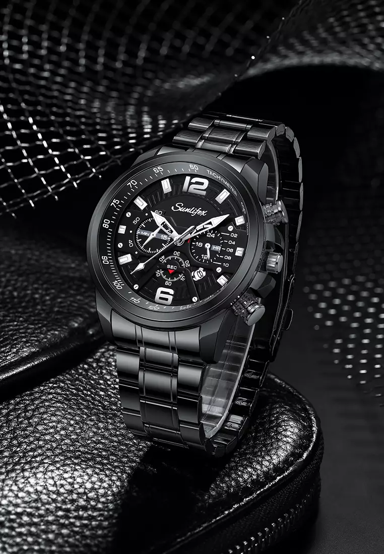 Jam Tangan Pria 9033 Kalender Kasual Kemewahan Tali Stainless Steel Anti Air Jam Tangan Cowok allblack