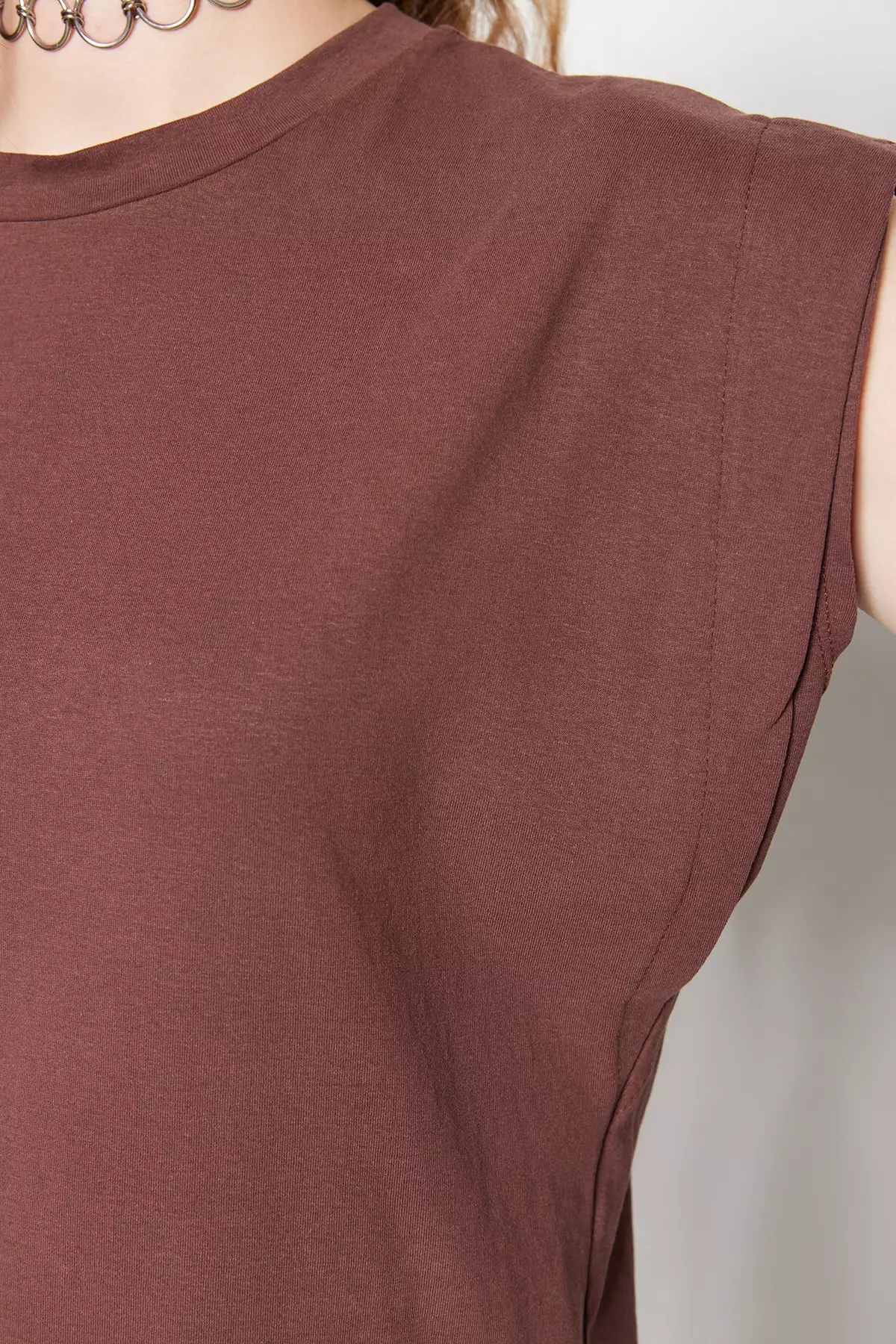 Brown 100% Cotton Wadding Look Basic Crew Neck Knitted T-Shirt Twoss20Ts0021