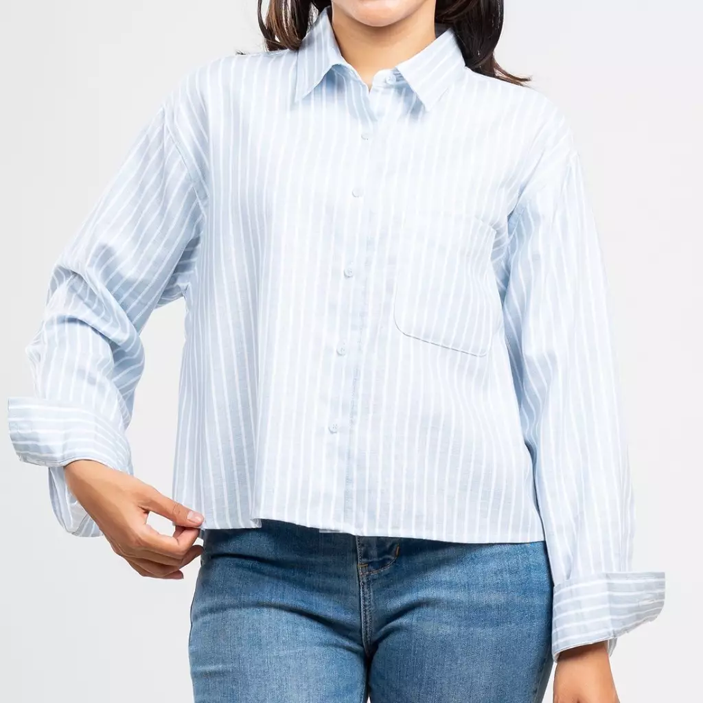 C2 Geffel Blue Kemeja Oversize Crop - Boxy Shirt Wanita