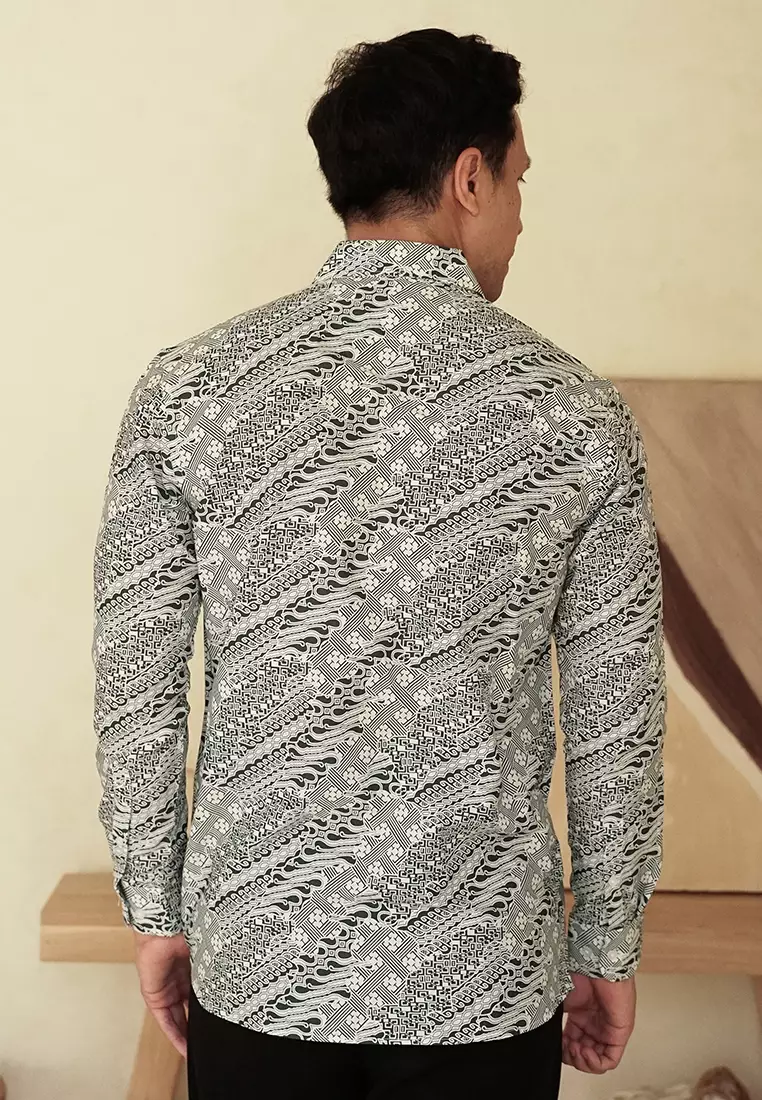 Slimfit Jeeva Dark Grey Kemeja Batik Pria Lengan Panjang