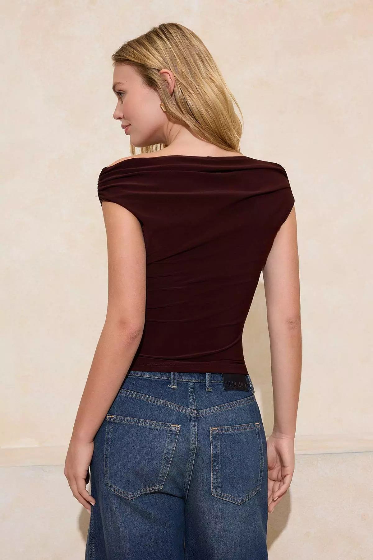 Brown Fitted/Bodycon Boat Neck Sleeveless Stretchy Knitted Blouse Twoss26Bz82